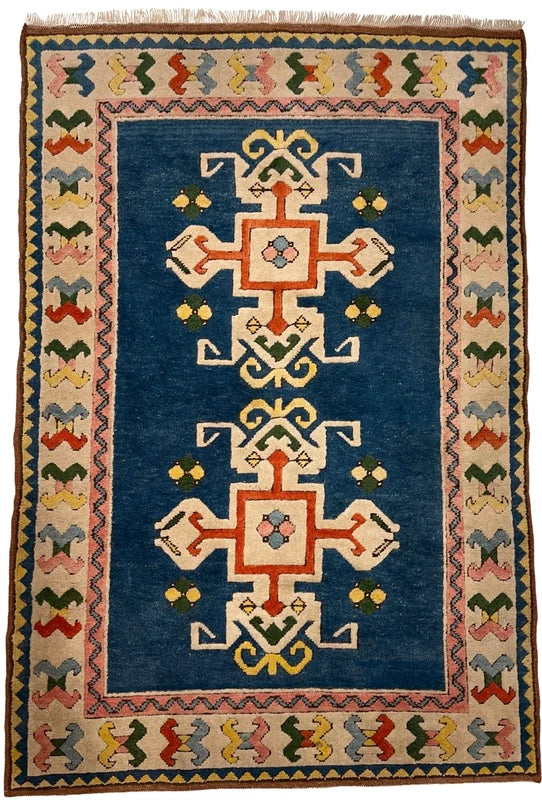 Handmade Turkish 100% wool rug 195x133cm – blue geometric – Ayasofya — photograph 3