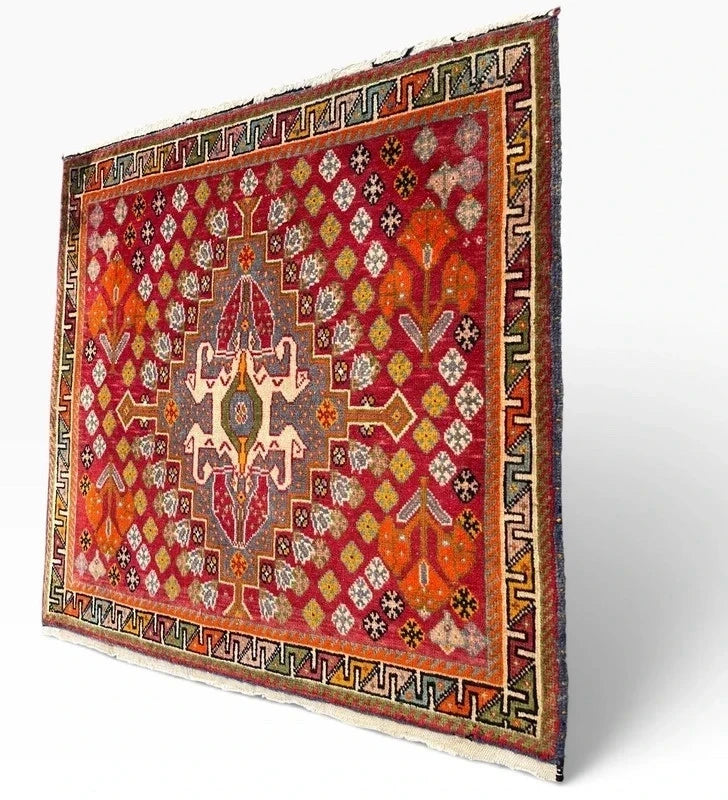 Vintage Hand-Knotted Oriental Wool Rug 65 x 65 cm – Colourful Geometric Medallion — photograph 13