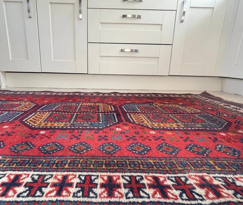 Vintage hand-knotted Afghan tribal rug 195x120 cm – red geometric wool carpet — photograph 3