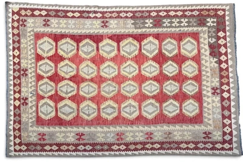 Large Traditional Handwoven Kilim Rug 189 x 284 cm Red Grey Geometric Wool Style — photograph 11