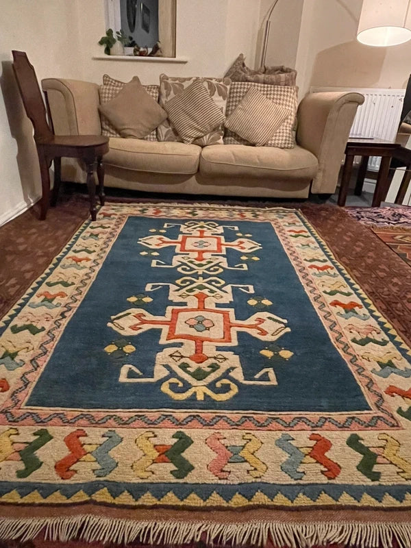 Handmade Turkish 100% wool rug 195x133cm – blue geometric – Ayasofya — photograph 1