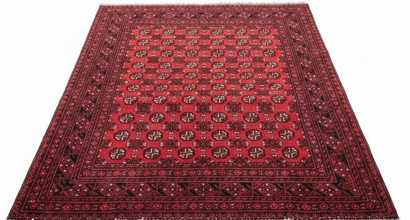Large Vintage Afghan Hand-Knotted Wool Rug 277 x 195 cm – Red Bokhara — photograph 6