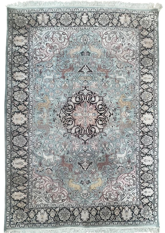 Hand-Knotted Silk Persian Style Rug – Hunting Design – 183 × 125 cm — photograph 2