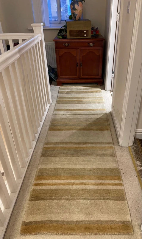 Luxury Hand Knotted Wool Runner Rug 240 × 70 cm | Beige Striped Handmade Wool Rug — photograph 3