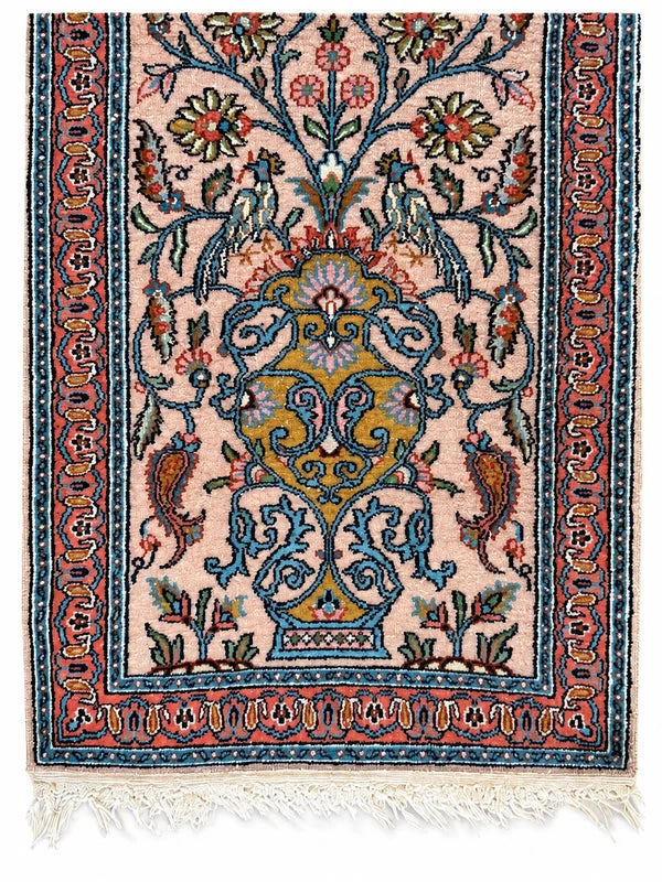 Vintage Kashmir Silk Runner Rug 122x49cm Hand Knotted Bird & Vase — photograph 5