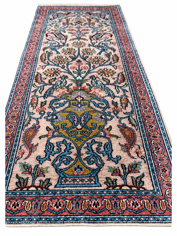 Vintage Kashmir Silk Runner Rug 122x49cm Hand Knotted Bird & Vase — photograph 1