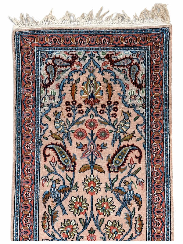 Vintage Kashmir Silk Runner Rug 122x49cm Hand Knotted Bird & Vase — photograph 8