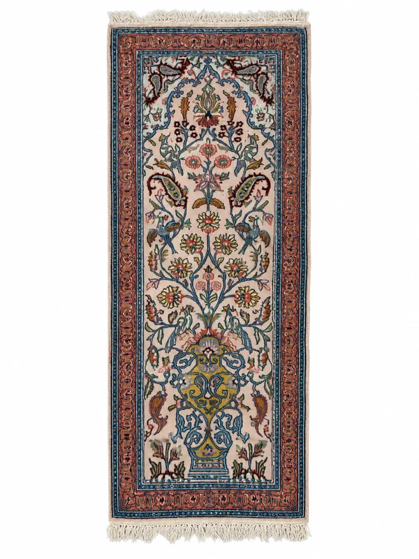 Vintage Kashmir Silk Runner Rug 122x49cm Hand Knotted Bird & Vase — photograph 4
