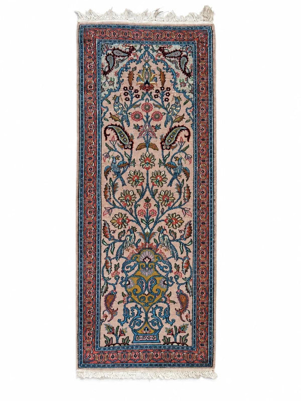 Vintage Kashmir Silk Runner Rug 122x49cm Hand Knotted Bird & Vase — photograph 6