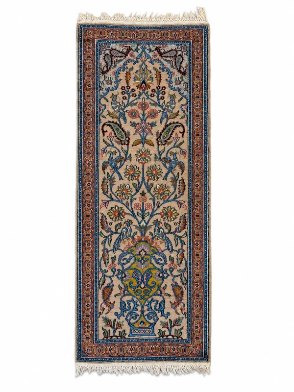 Vintage Kashmir Silk Runner Rug 122x49cm Hand Knotted Bird & Vase — photograph 2