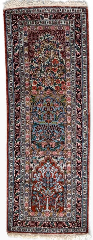 Hand Knotted Kashmir Silk Runner Rug 127x47cm – Tree of Life Floral Vintage — photograph 1