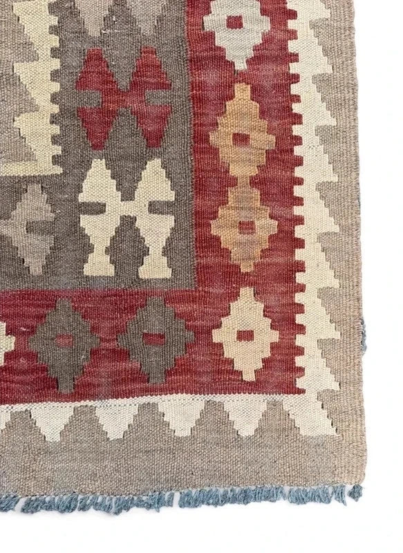 Large Traditional Handwoven Kilim Rug 189 x 284 cm Red Grey Geometric Wool Style — photograph 6