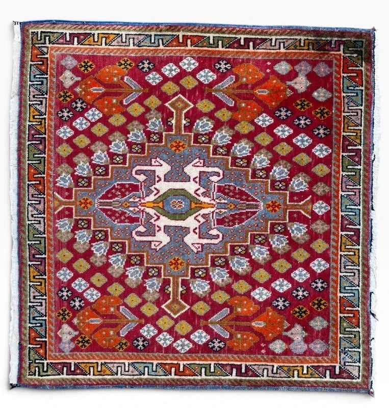 Vintage Hand-Knotted Oriental Wool Rug 65 x 65 cm – Colourful Geometric Medallion — photograph 8
