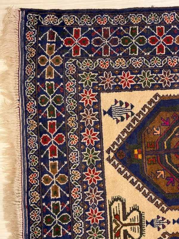 Persian Hand-Knotted Wool Rug 226x132cm – Blue & Cream Tribal — photograph 5