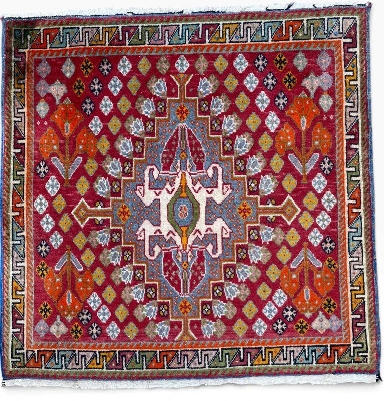 Vintage Hand-Knotted Oriental Wool Rug 65 x 65 cm – Colourful Geometric Medallion — photograph 9