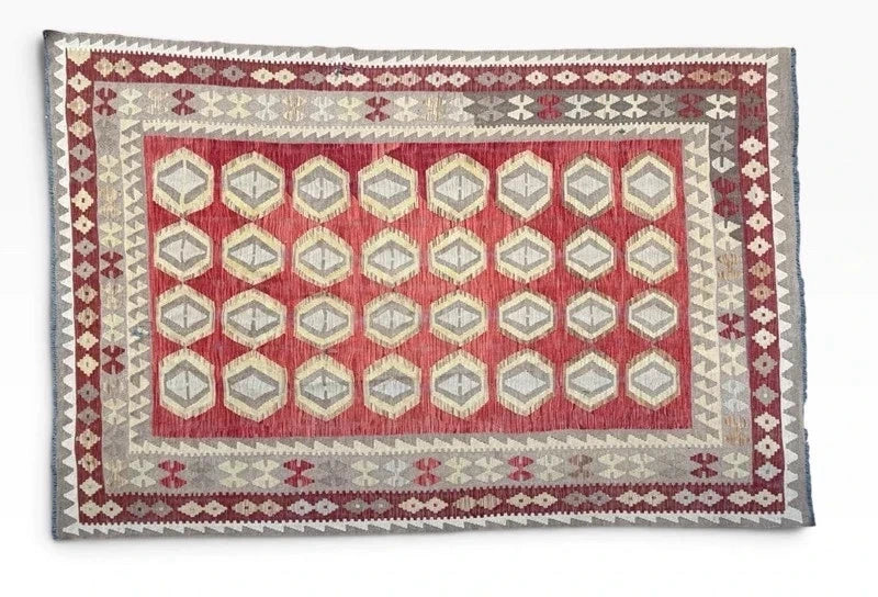 Large Traditional Handwoven Kilim Rug 189 x 284 cm Red Grey Geometric Wool Style — photograph 3