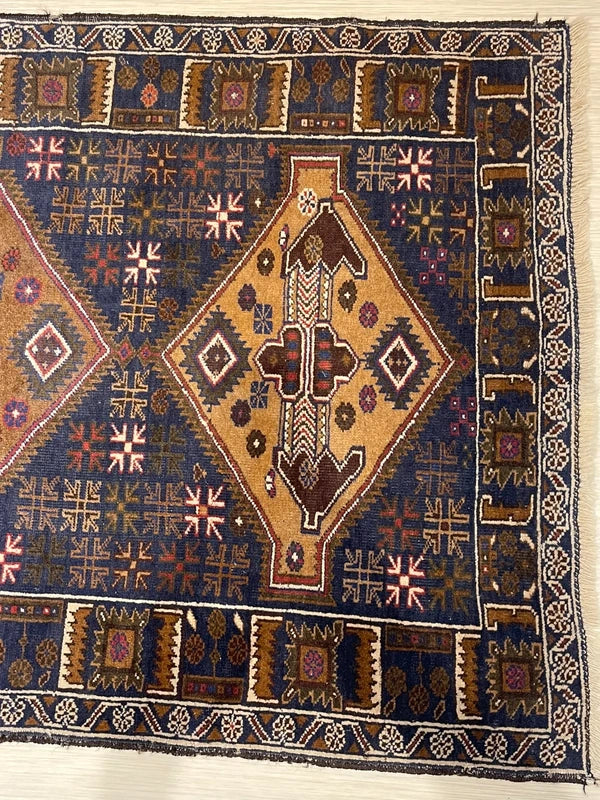 Hand-knotted tribal rug – navy & sand medallions – 197 × 108 cm — photograph 6