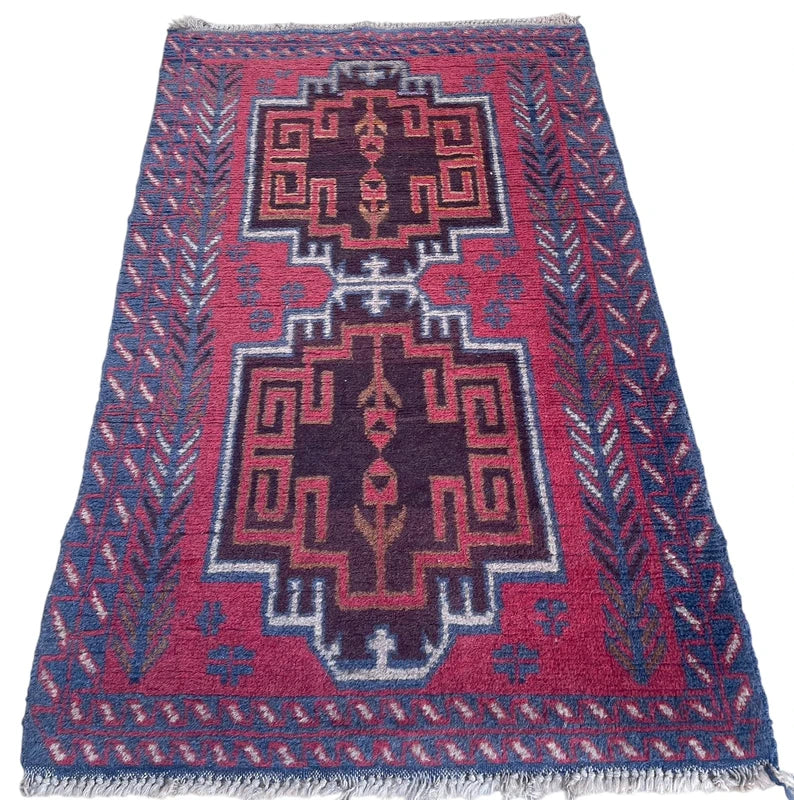 Vintage Hand-Knotted Afghan Baluch Rug 85 × 128 cm | Tribal Wool Carpet | Geometric Design — photograph 5