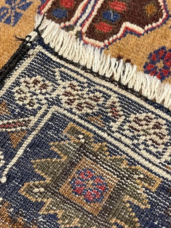 Hand-knotted tribal rug – navy & sand medallions – 197 × 108 cm — photograph 9