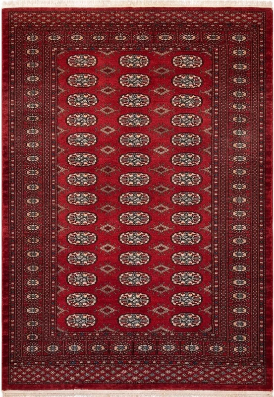 Hand knotted Red Bokhara / Turkoman style rug 186 x 130 cm – cream & navy motifs — photograph 2