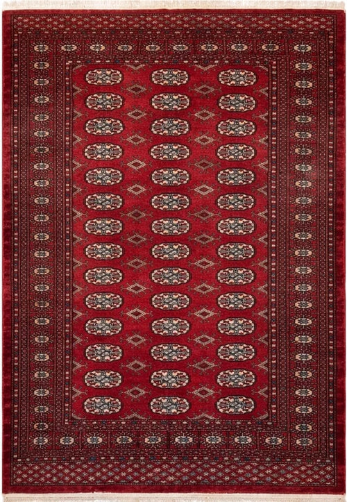 Hand knotted Red Bokhara / Turkoman style rug 186 x 130 cm – cream & navy motifs — photograph 2