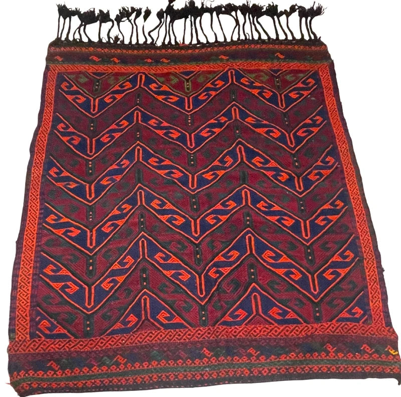 Handwoven kilim / soumak style rug – bold chevron – 155 × 133 cm – orange/blue/green — photograph 4
