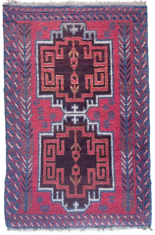 Vintage Hand-Knotted Afghan Baluch Rug 85 × 128 cm | Tribal Wool Carpet | Geometric Design — photograph 2