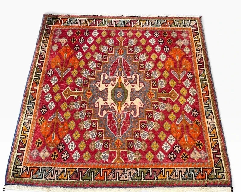 Vintage Hand-Knotted Oriental Wool Rug 65 x 65 cm – Colourful Geometric Medallion — photograph 14