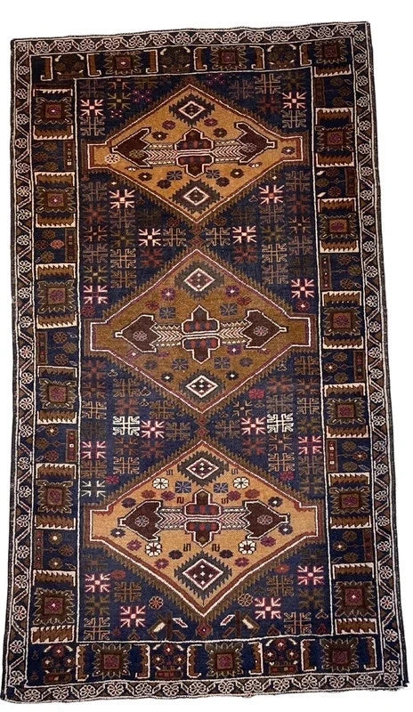 Hand-knotted tribal rug – navy & sand medallions – 197 × 108 cm — photograph 1