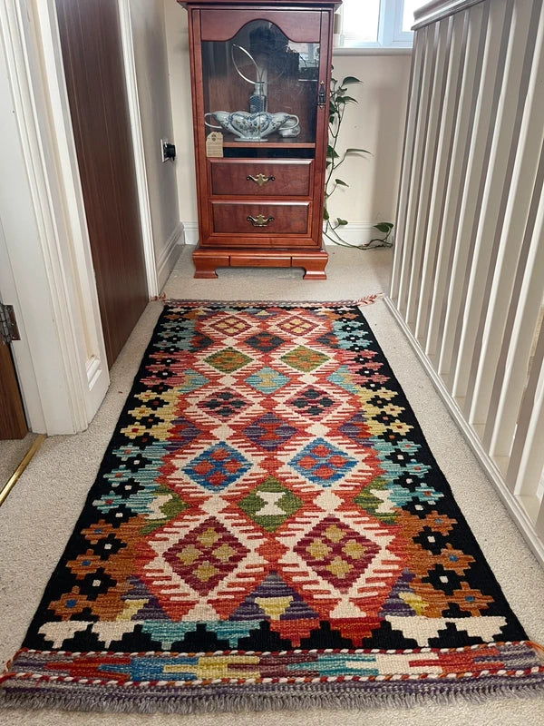 Vintage-Style Wool Kilim 146x67cm | Caucasian | Kazak Inspired | Tribal / Boho Rug — photograph 5