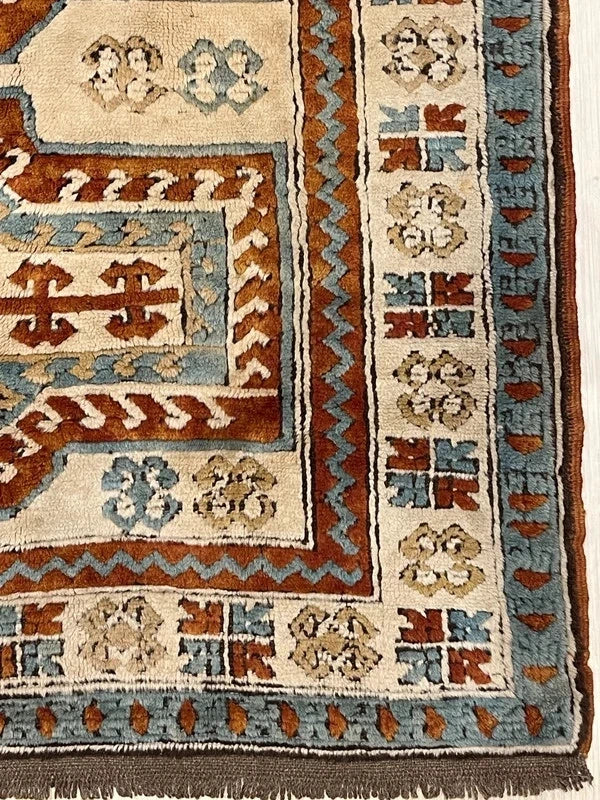 Hand-kontted Wool Kazak / Caucasian Style Rug – Rust & Blue – 202 × 138 cm — photograph 8