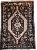 Vintage tribal Kazak-style rug – 200 x 144 cm – brown/ivory & navy — photograph 1
