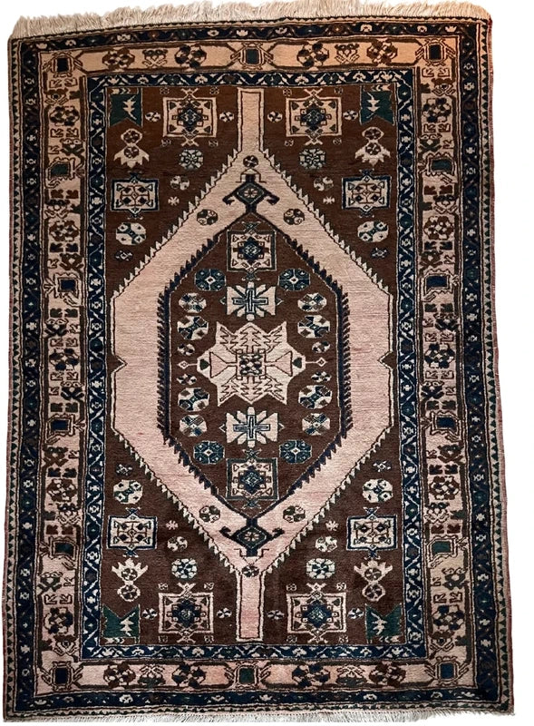 Vintage tribal Kazak-style rug – 200 x 144 cm – brown/ivory & navy — photograph 1