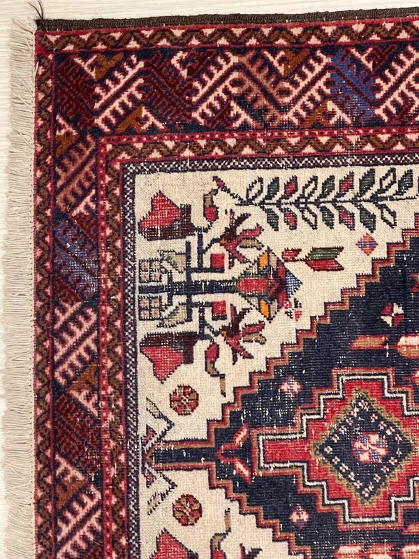 Vintage Persian Hand-Knotted Wool Rug 193x109cm – Navy & Red Tribal — photograph 9