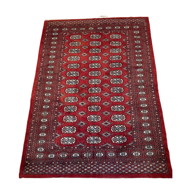 Hand knotted Red Bokhara / Turkoman style rug 186 x 130 cm – cream & navy motifs — photograph 5