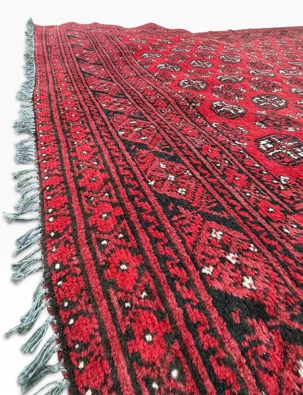 Large Vintage Afghan Hand-Knotted Wool Rug 277 x 195 cm – Red Bokhara — photograph 3