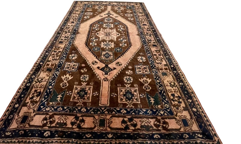 Vintage tribal Kazak-style rug – 200 x 144 cm – brown/ivory & navy — photograph 7