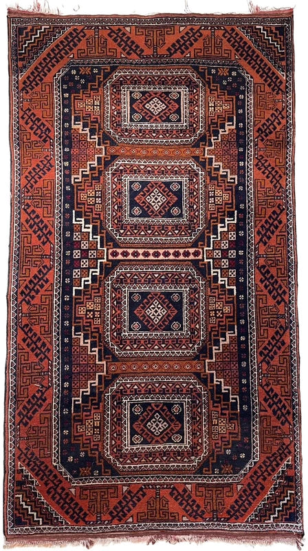 Vintage hand-knotted tribal rug 154 x 86 cm Afghan style geometric wool rug — photograph 1