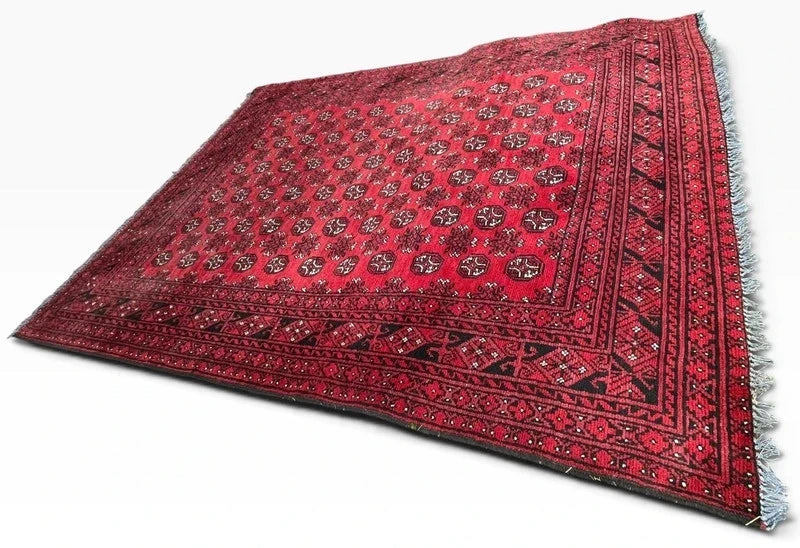 Large Vintage Afghan Hand-Knotted Wool Rug 277 x 195 cm – Red Bokhara — photograph 4