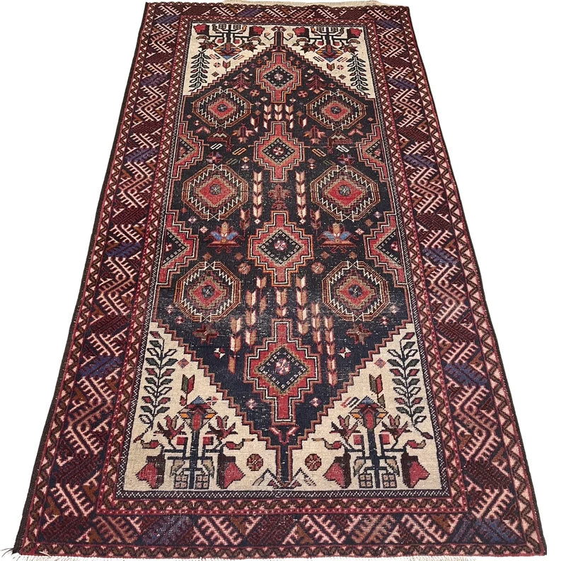 Vintage Persian Hand-Knotted Wool Rug 193x109cm – Navy & Red Tribal — photograph 2