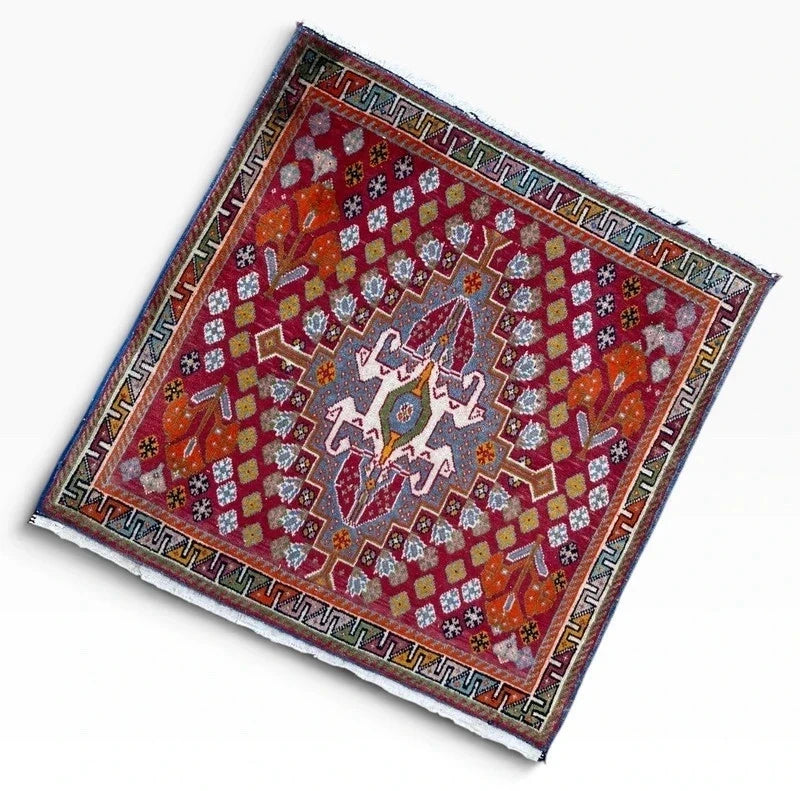 Vintage Hand-Knotted Oriental Wool Rug 65 x 65 cm – Colourful Geometric Medallion — photograph 4