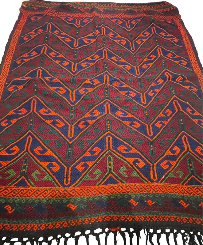 Handwoven kilim / soumak style rug – bold chevron – 155 × 133 cm – orange/blue/green — photograph 1
