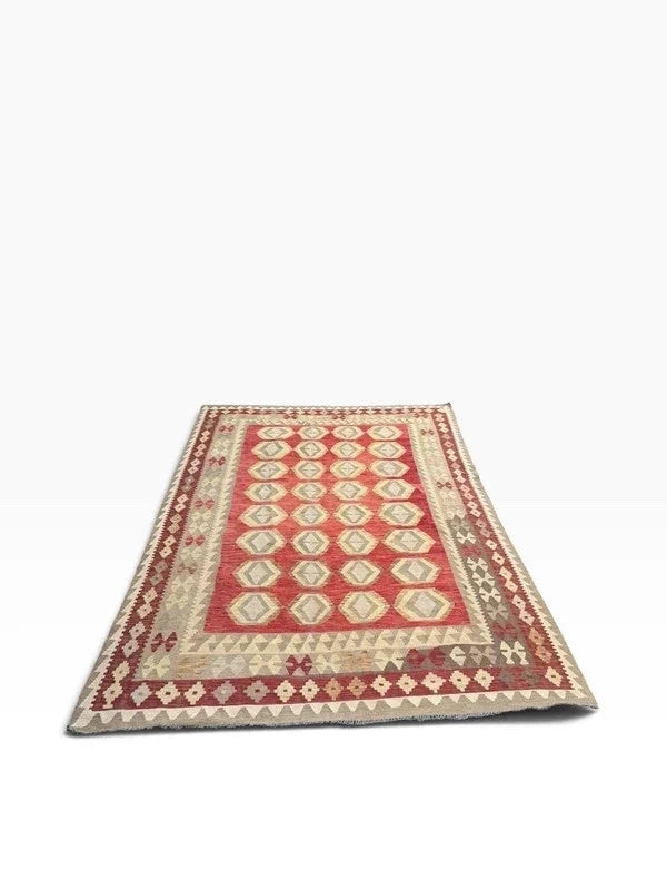 Large Traditional Handwoven Kilim Rug 189 x 284 cm Red Grey Geometric Wool Style — photograph 5