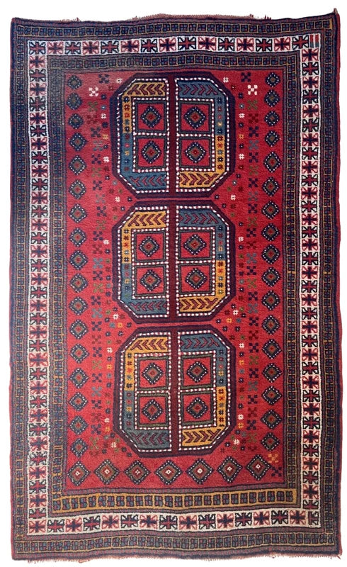 Vintage hand-knotted Afghan tribal rug 195x120 cm – red geometric wool carpet — photograph 1