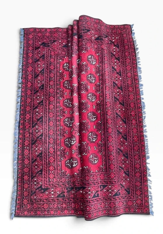 Large Vintage Afghan Hand-Knotted Wool Rug 277 x 195 cm – Red Bokhara — photograph 10
