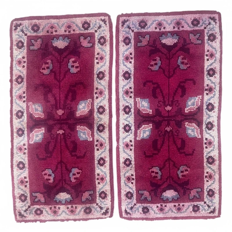 Set of 4 Vintage Handmade Wool Rugs – Matching Pink Burgundy Floral Rugs — photograph 1