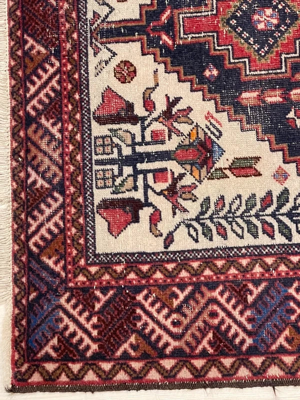 Vintage Persian Hand-Knotted Wool Rug 193x109cm – Navy & Red Tribal — photograph 6