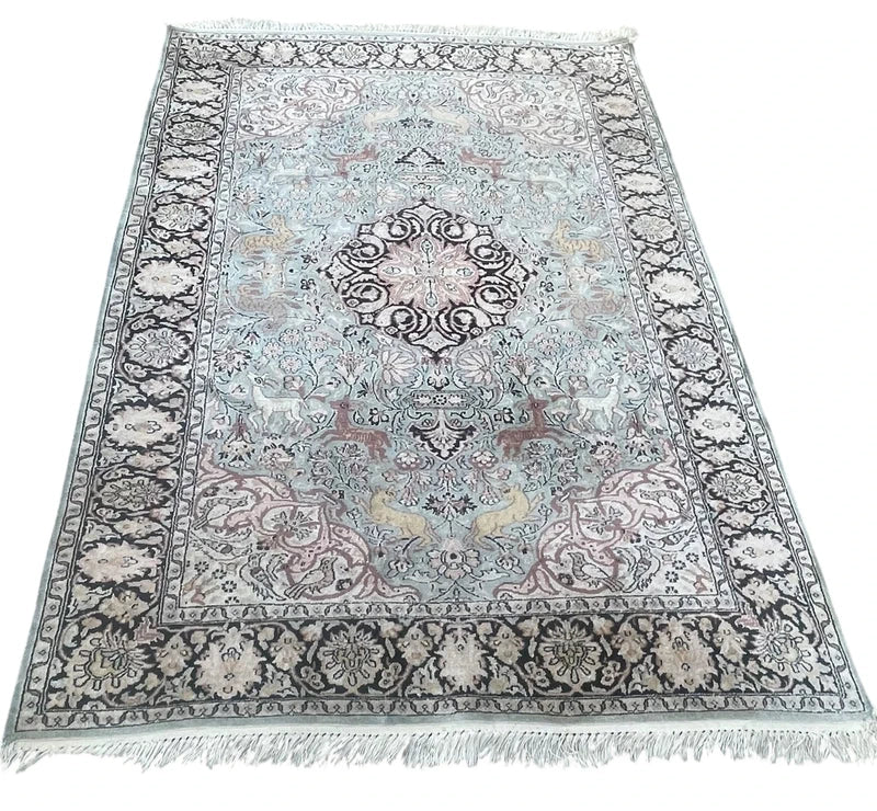 Hand-Knotted Silk Persian Style Rug – Hunting Design – 183 × 125 cm — photograph 5