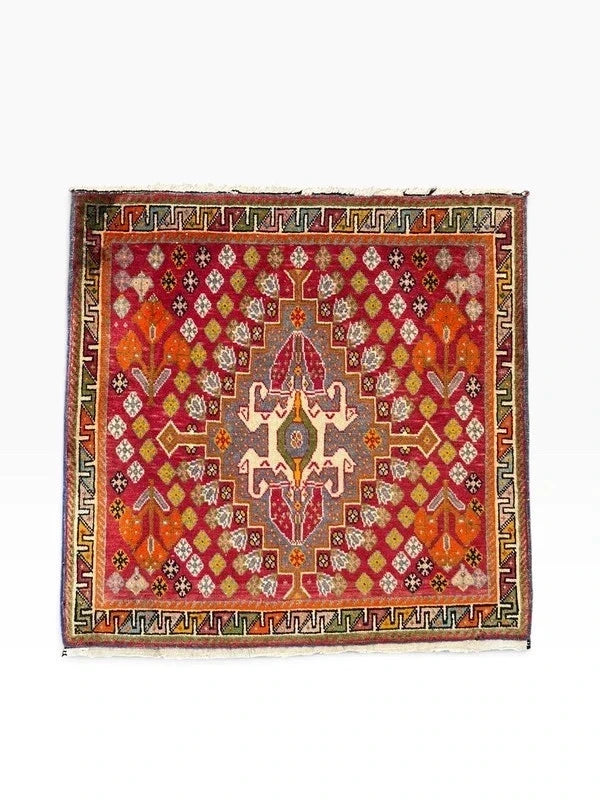 Vintage Hand-Knotted Oriental Wool Rug 65 x 65 cm – Colourful Geometric Medallion — photograph 16