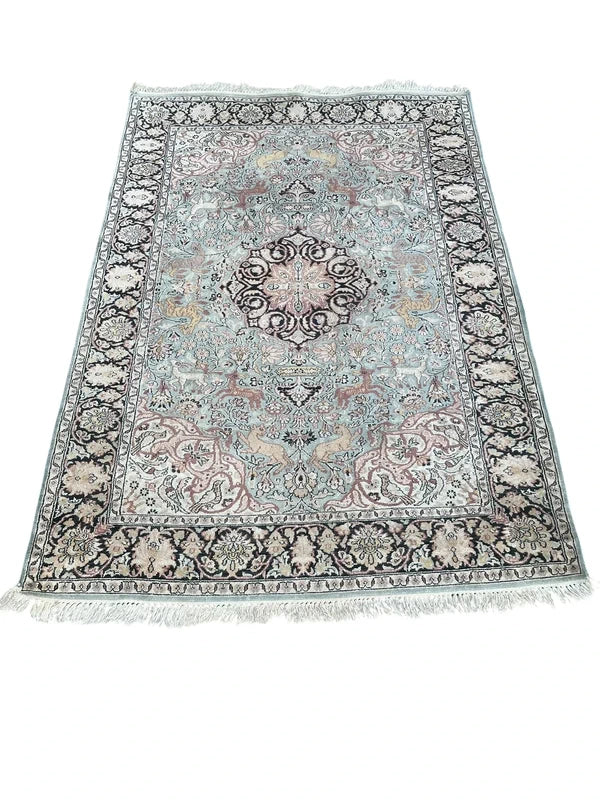 Hand-Knotted Silk Persian Style Rug – Hunting Design – 183 × 125 cm — photograph 3